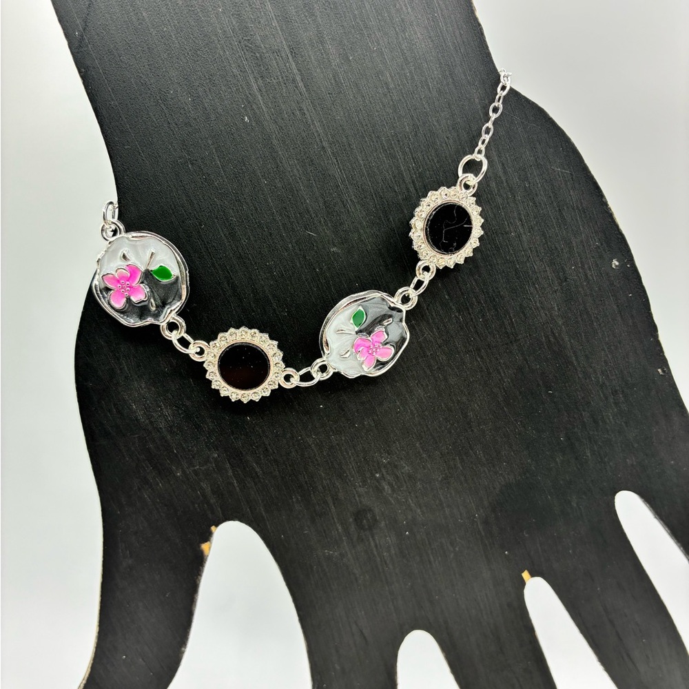 Silver, Black and Pink Floral Bracelet